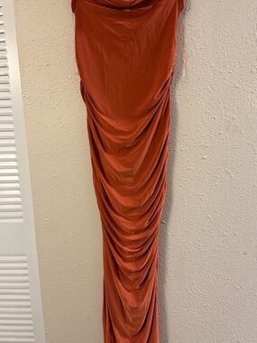 Draped Ruched Maxi Skirt in Rust Orange